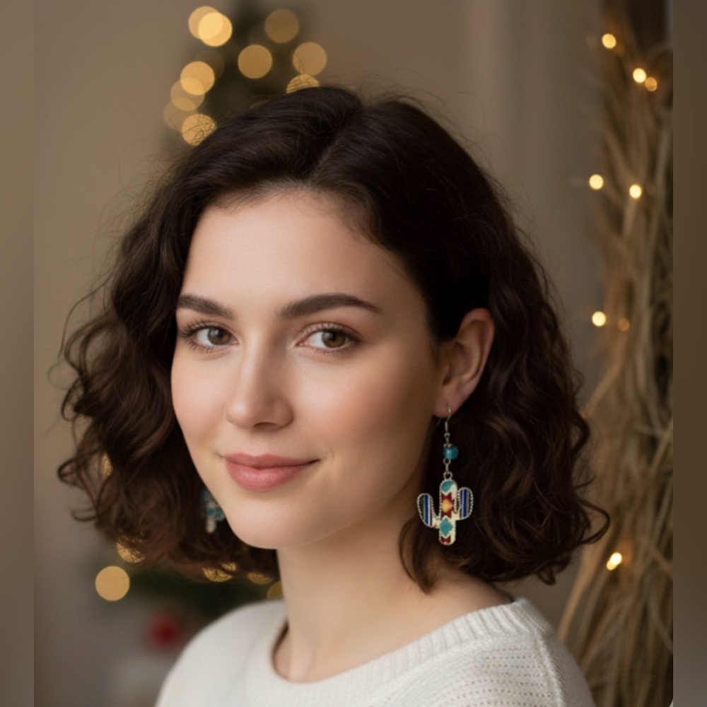 Fun Silver Tone Cactus Enamel Turquoise Green Bead Dangle Earrings Handmade NEW‎
